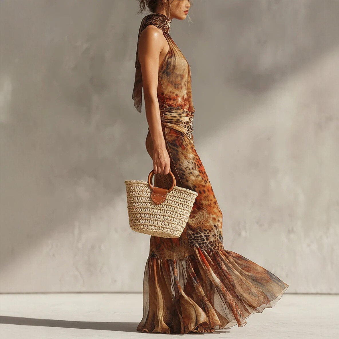 Floral Print Halter Neck Sleeveless Mermaid Maxi Dress