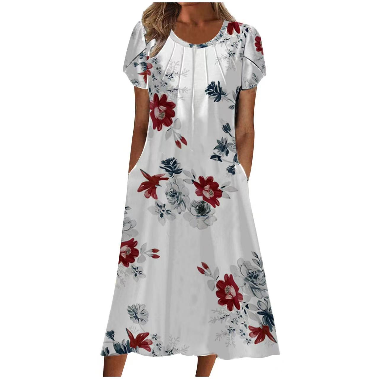 Women's Floral Print Round Neck A-Line Midi Dress with Pockets