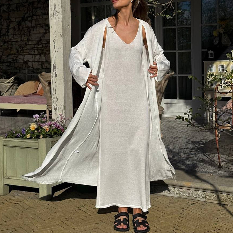 Women's Solid Color Sleeveless Midi Dress and Long Sleeve Cardigan Knit Set