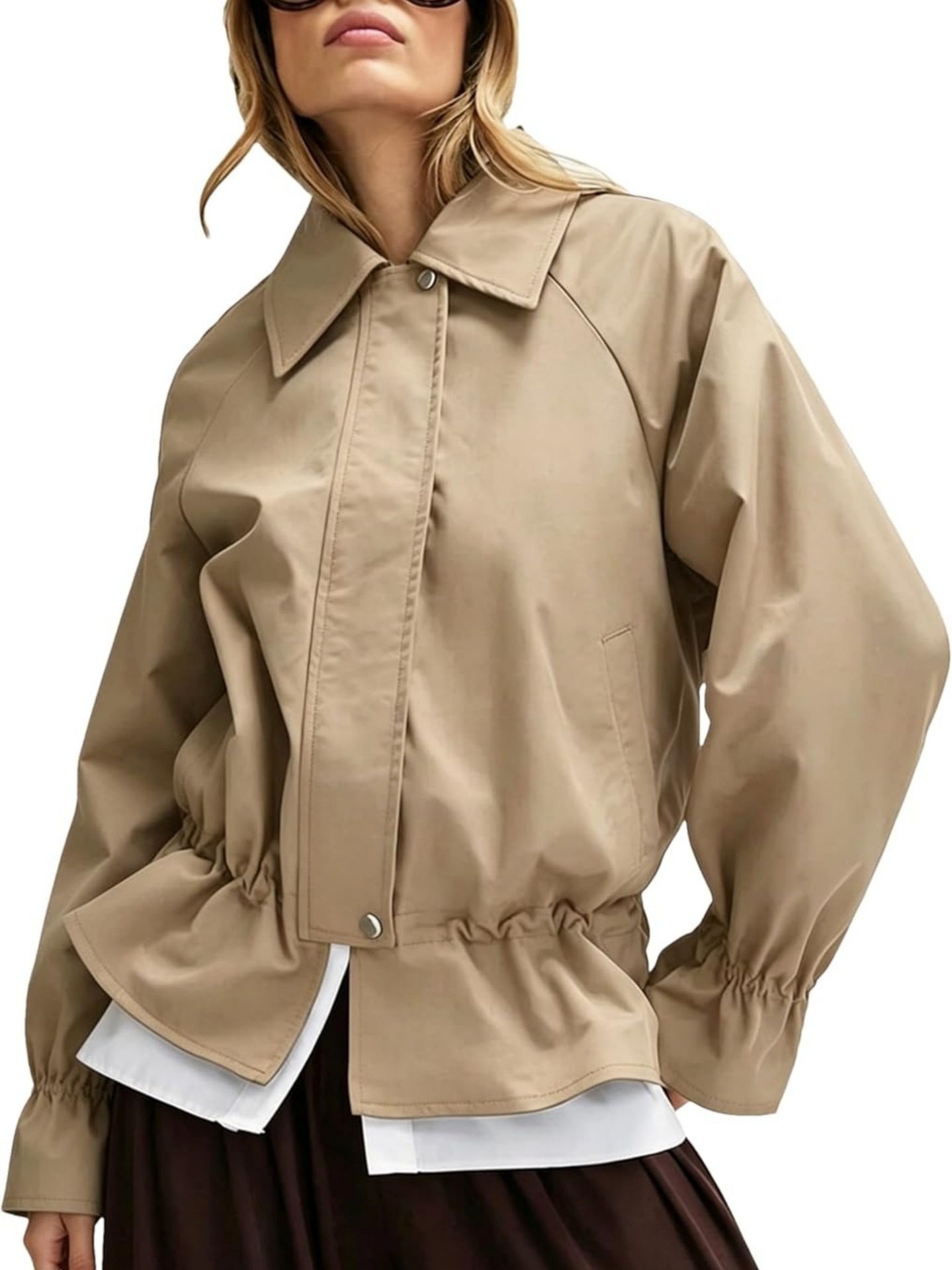 Women's Loose Fit Polo Collar Zip-Up Jacket with Cinched Waist