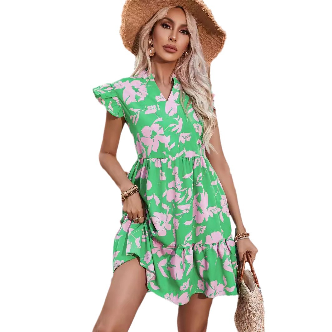 Ruffled Sleeve Loose V-Neck Printed Midi Dress