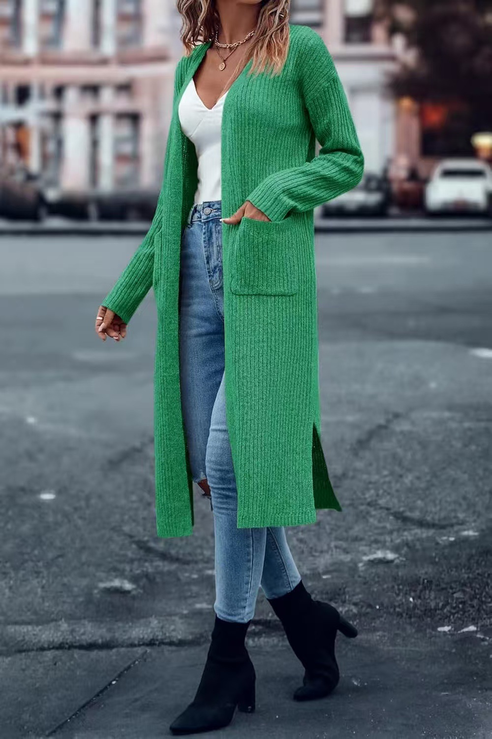 Long Slit Lazy Style Pocket Cardigan Sweater Women's Loose Knit Coat