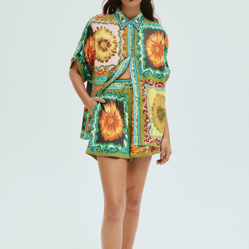 Women's Short Sleeve Printed Top and Shorts Set, Loose Casual Two-Piece, Green
