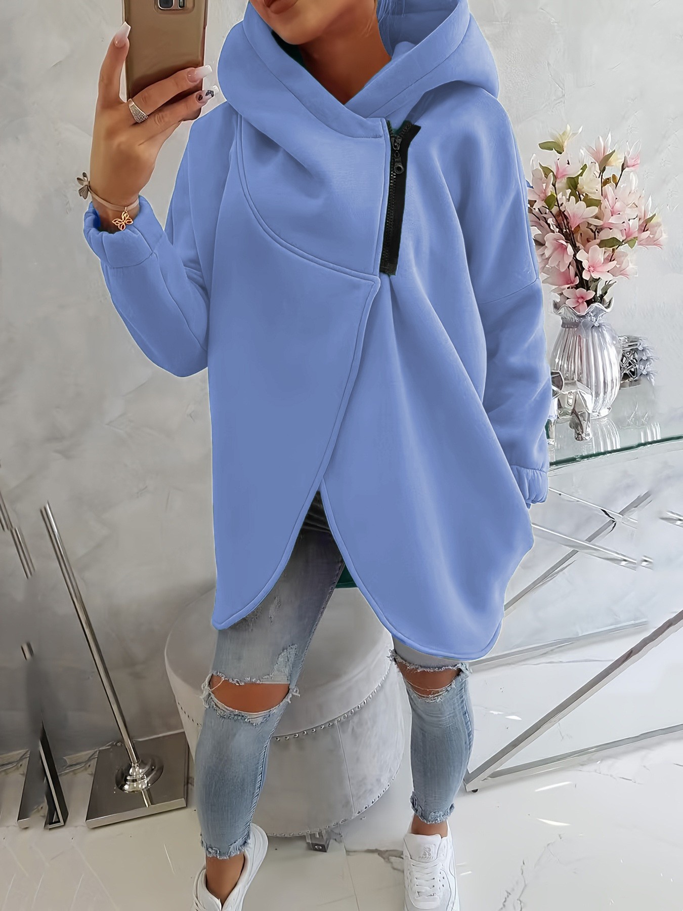 Women's Long-Sleeve Black Hooded Zip-Up Jacket with Front Pockets