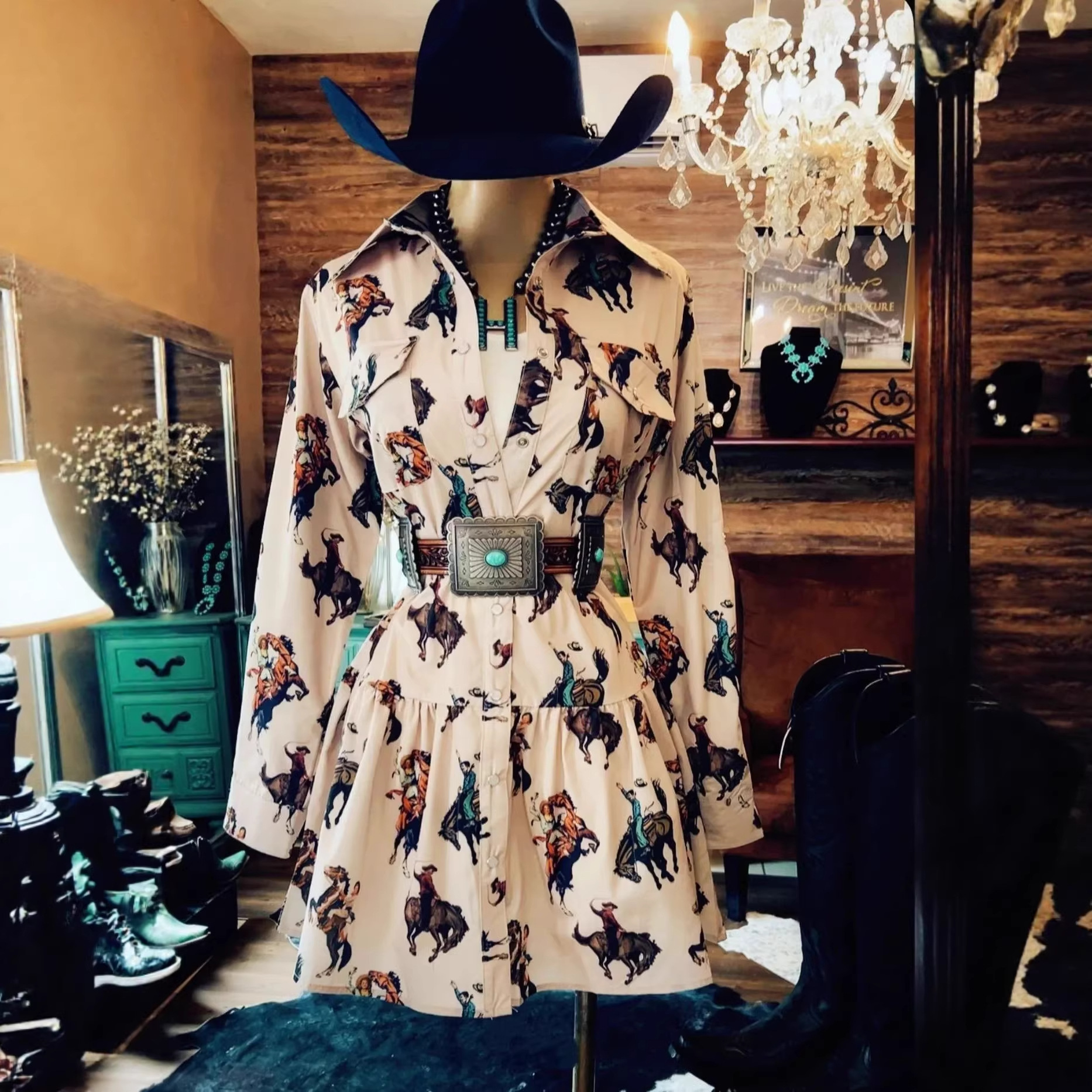 Western Cowboy Print Long Sleeve Shirt Dress with Waist Tie and Ruffle Hem