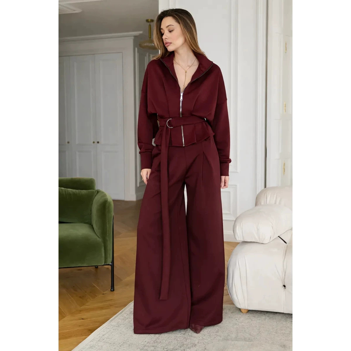 Women's Stand Collar Long Sleeve Cinched Hoodie and Pants Two-Piece Set