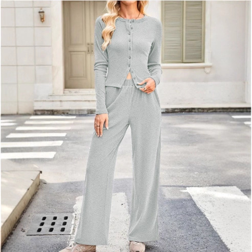 Women's Ribbed Long Sleeve Button Top and Wide Leg Pants Set