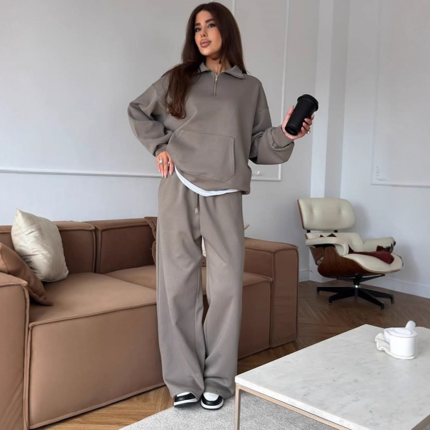 Women's Cotton Blend Zip Collar Pullover Hoodie and Wide-Leg Pants Two-Piece Set