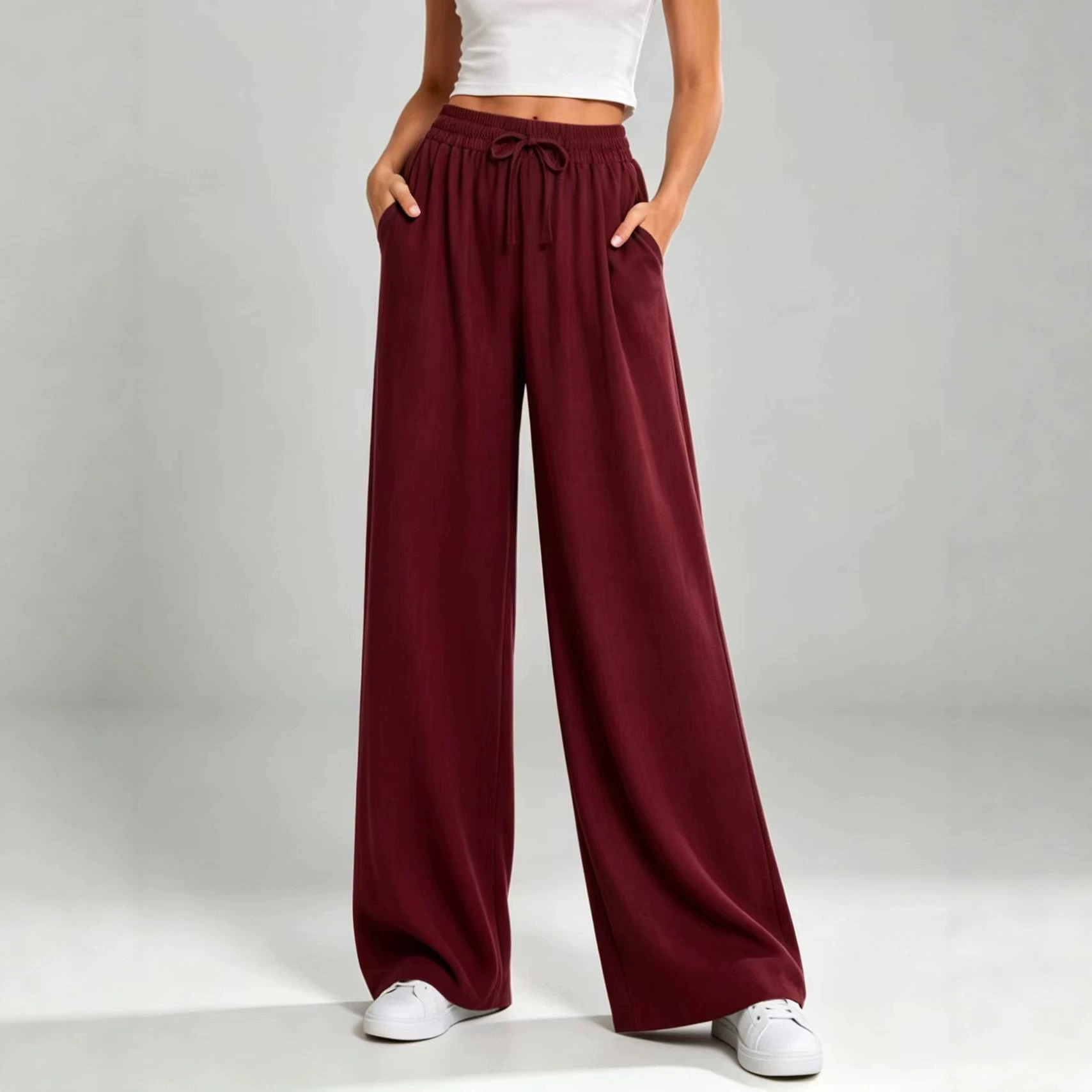 Women's Drawstring Elastic Waist Wide Leg Pants Solid Color Straight Loose Casual