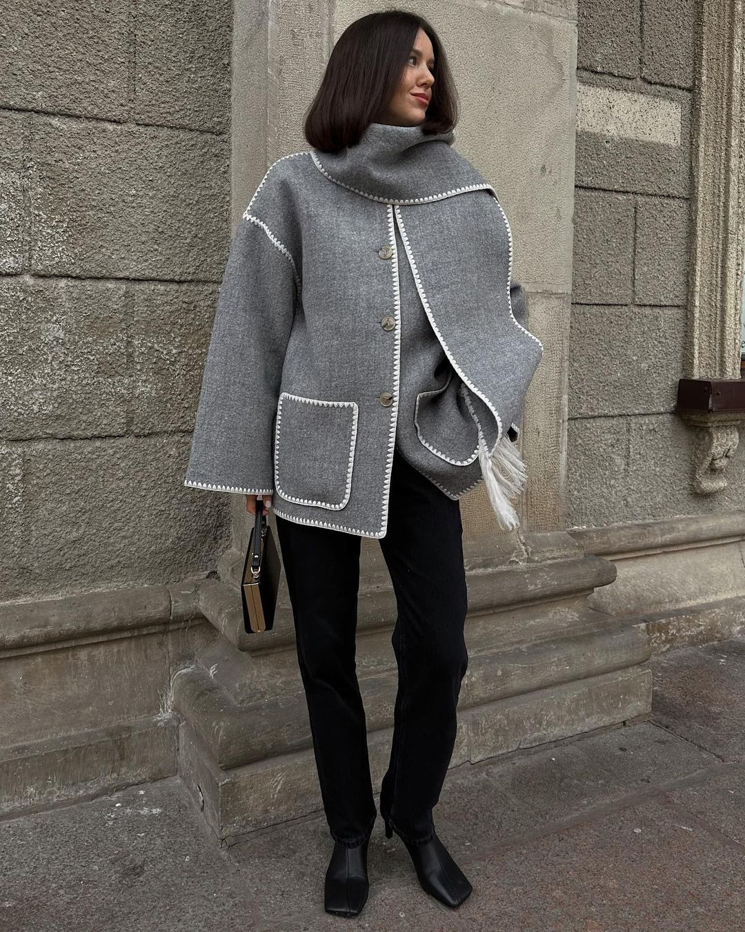 Women's Fringe Wool-Blend Coat with Scarf, Loose Fit