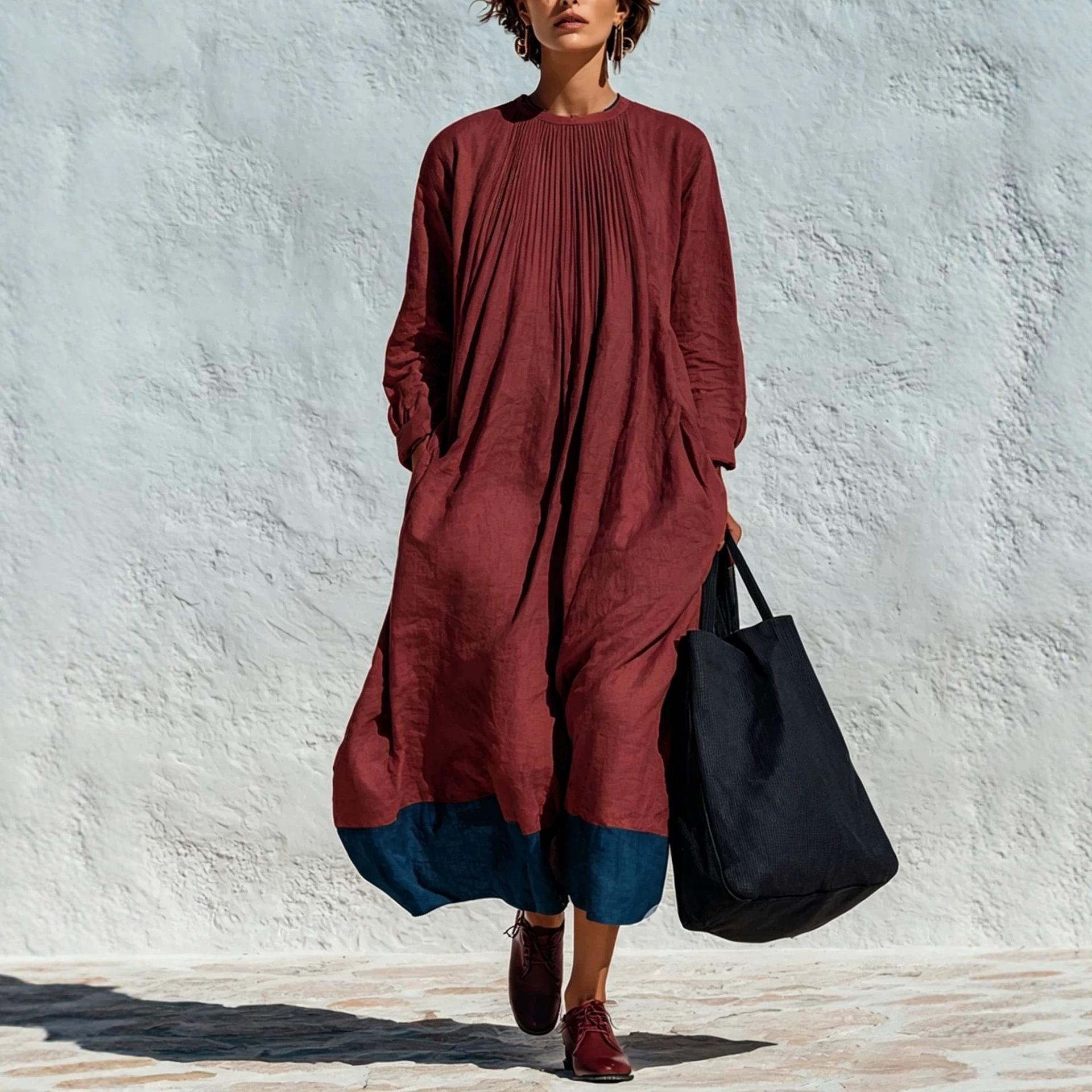 Women's Crewneck Pleated Colorblock Linen Blend Loose Long Sleeve Dress