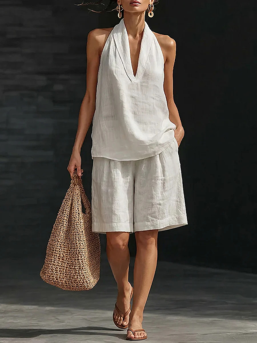 Women's Halter V-Neck Sleeveless Top and Shorts Set Casual Two-Piece Outfit
