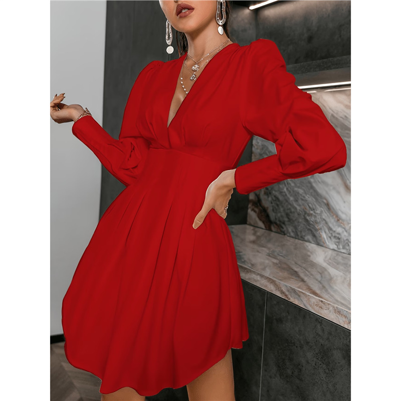 Elegant Ruched Waist Puff Sleeve V-Neck Shirt Dress