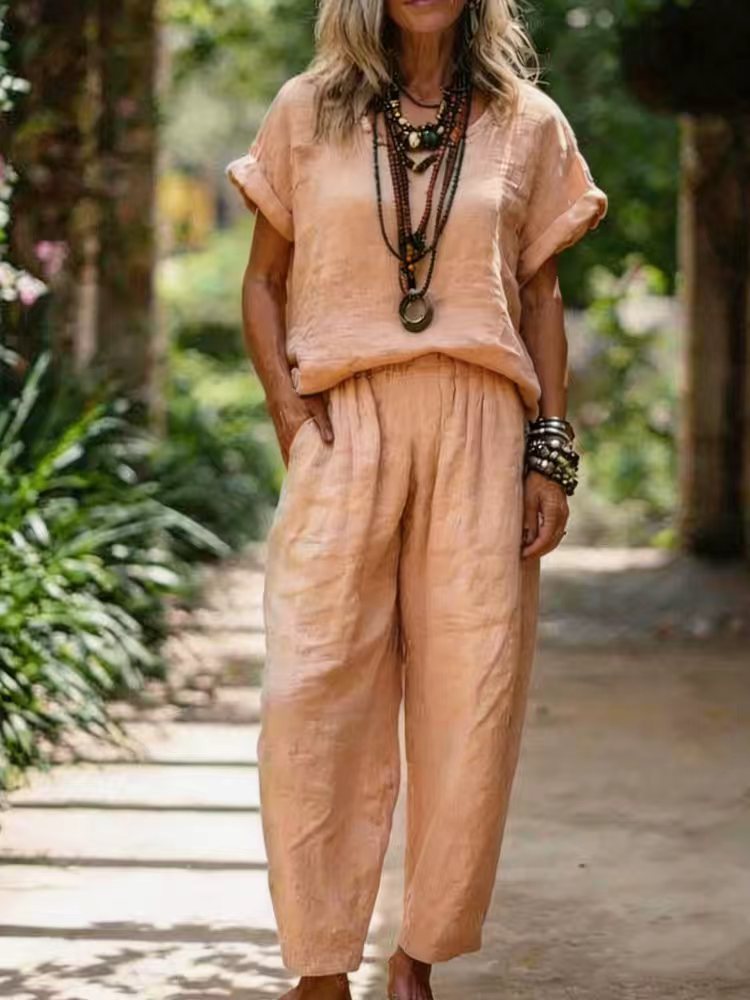 Women's Cotton-Linen Short Sleeve Crewneck Top and Straight-Leg Pants Set