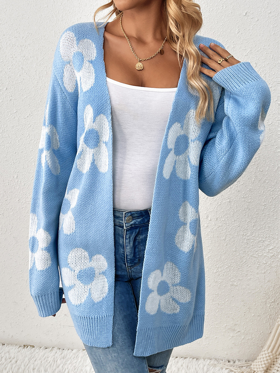 Women's Midi Colorblock Floral V-Neck Knit Cardigan Sweater Coat