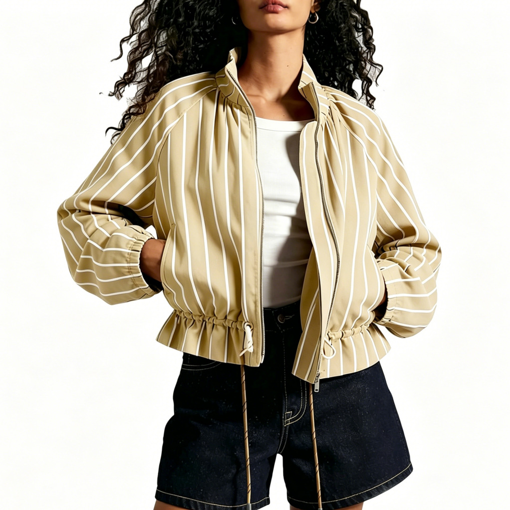 Women's Striped Long Jacket with Lantern Sleeves, Drawstring Waist, Zip Front, Pockets