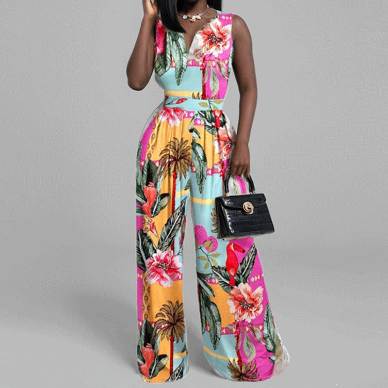 Women's Sleeveless Printed Jumpsuit Slim Fit Wide-Leg Pants