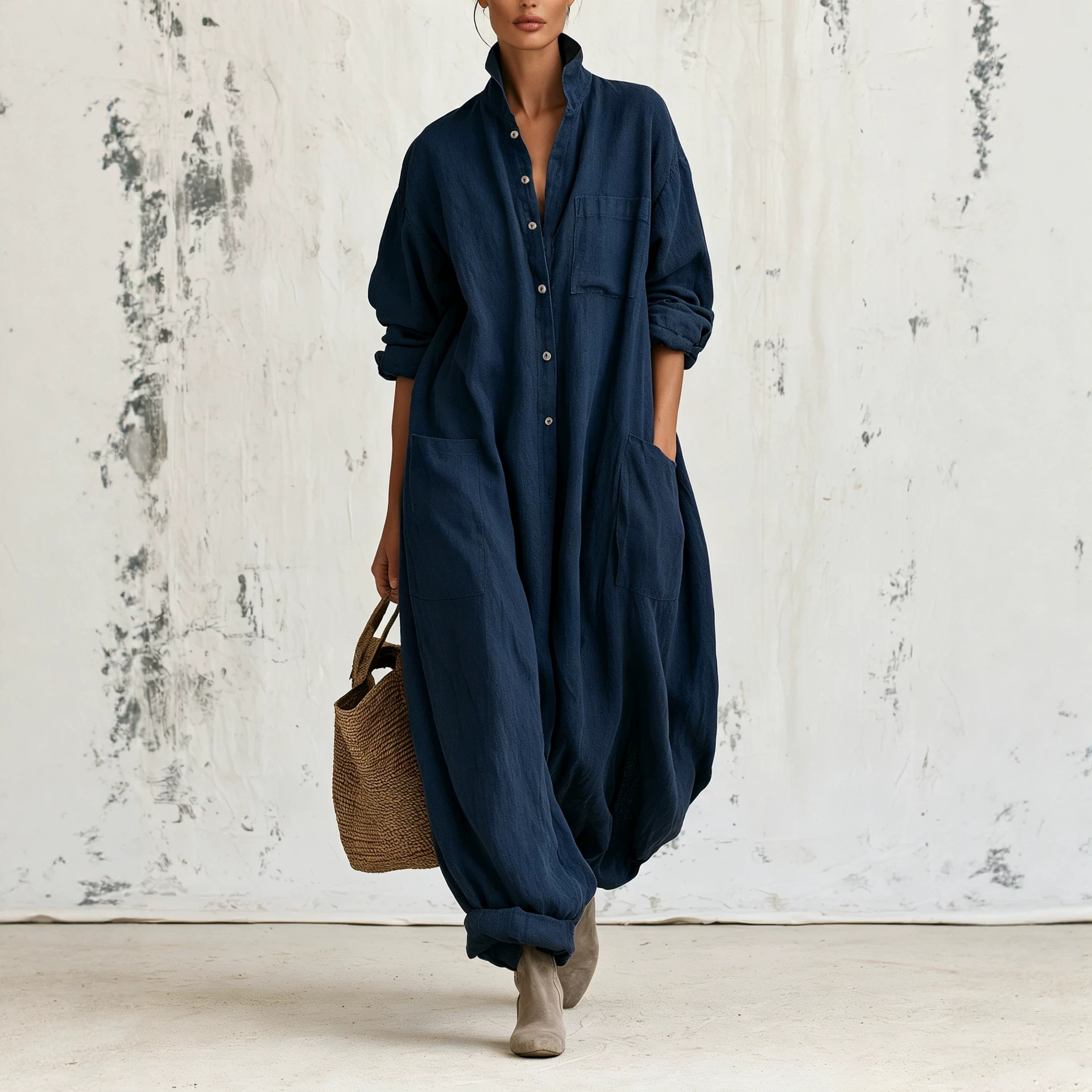 Linen Long Sleeve Jumpsuit with Stand Collar, Button Front, Cargo Pockets, Wide Leg