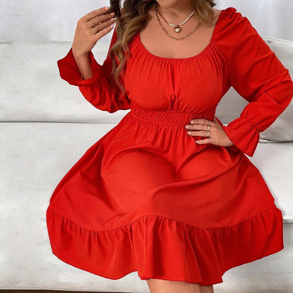 Plus Size Lantern Sleeve Ruffle Hem Square Neck Dress with Elastic Waist