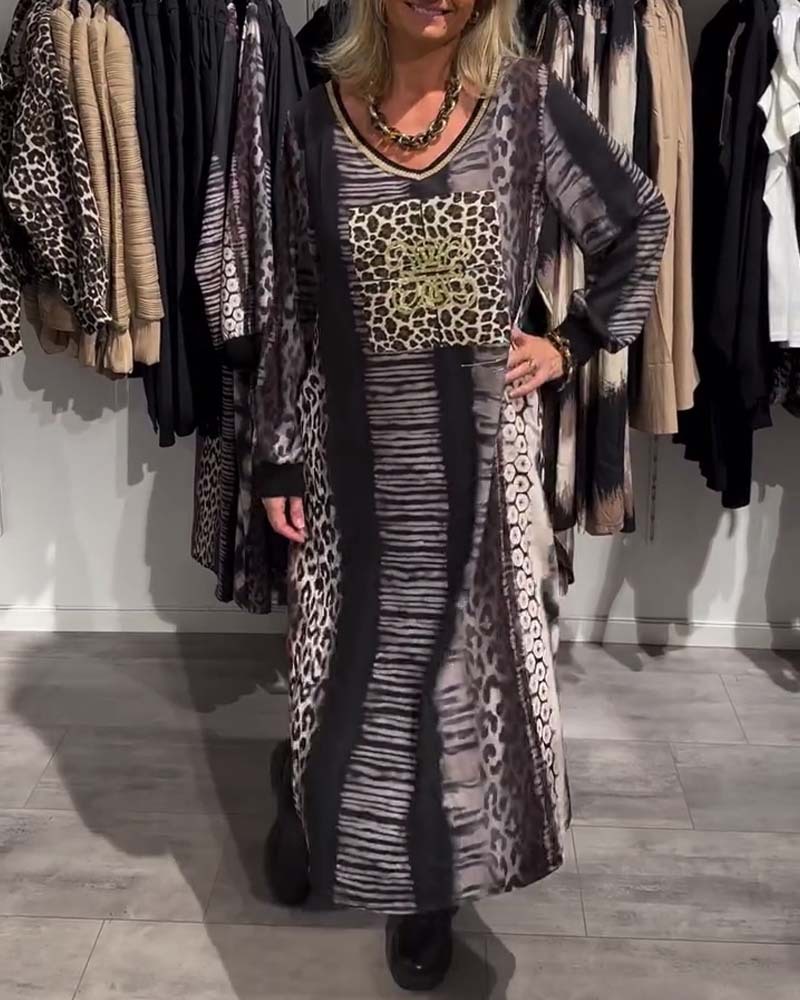 Leopard Print Colorblock V-Neck Long Sleeve Maxi Dress