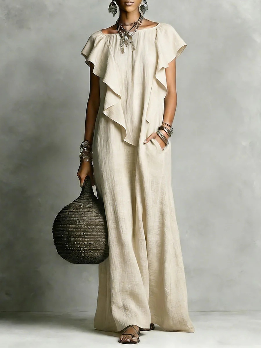 Women's Boat Neck Ruffle Long Dress Casual Loose Fit