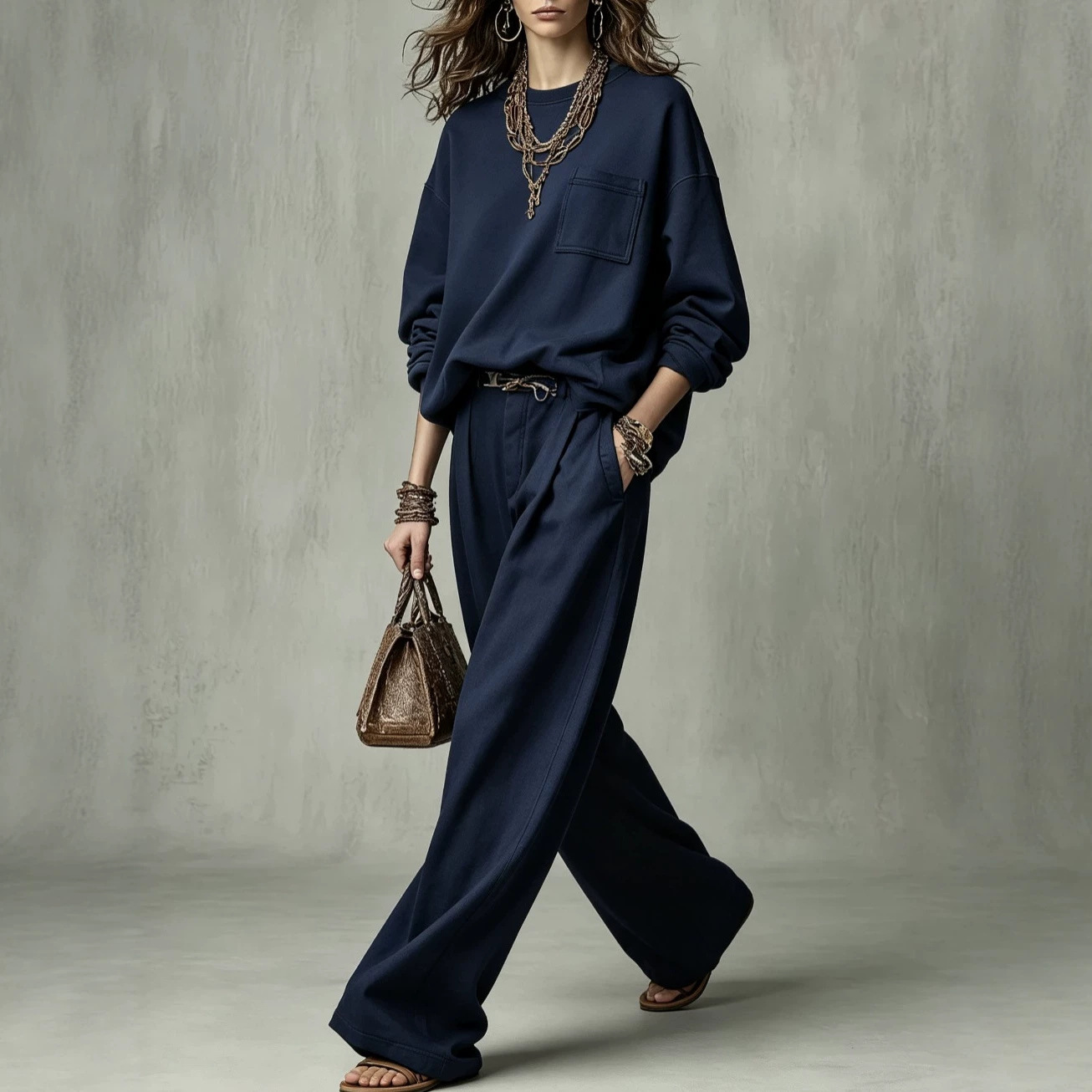 Relaxed Crewneck Sweatshirt & High-Waist Pleated Wide-Leg Pants Set (Belt Not Included)