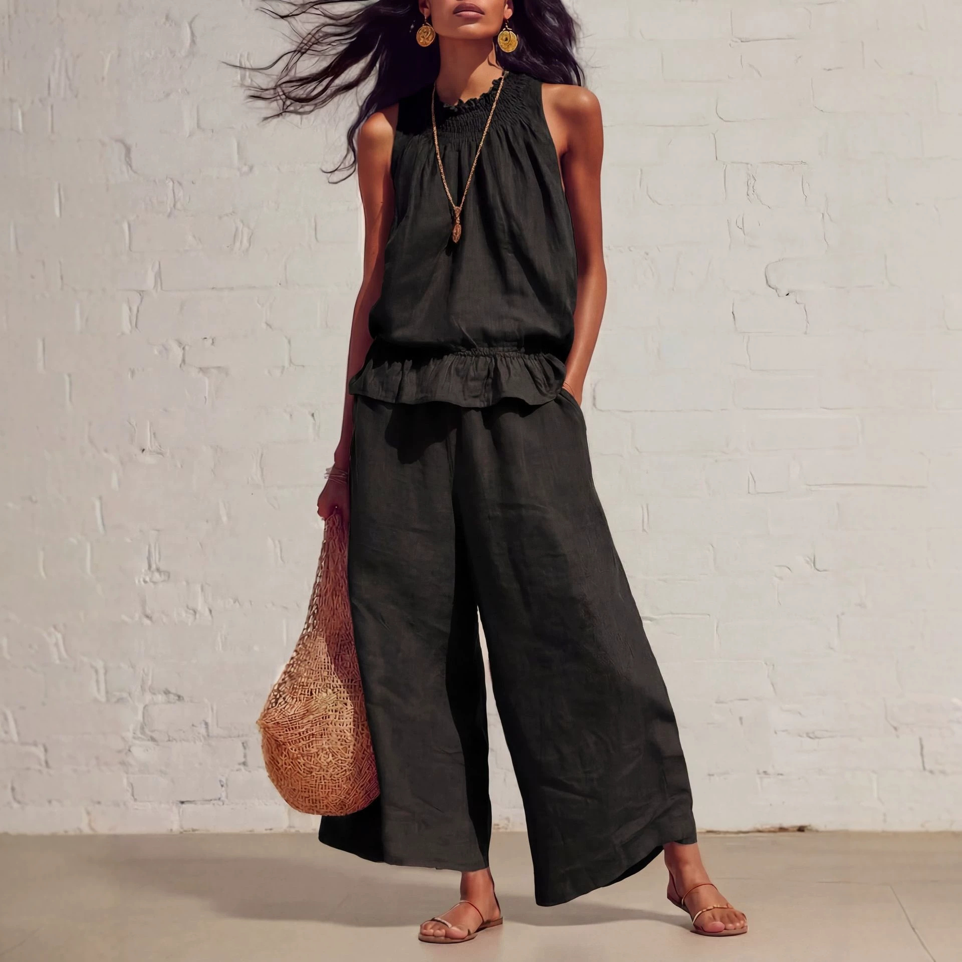 Women's Sleeveless Ruffle Top & Wide-Leg Pants Set
