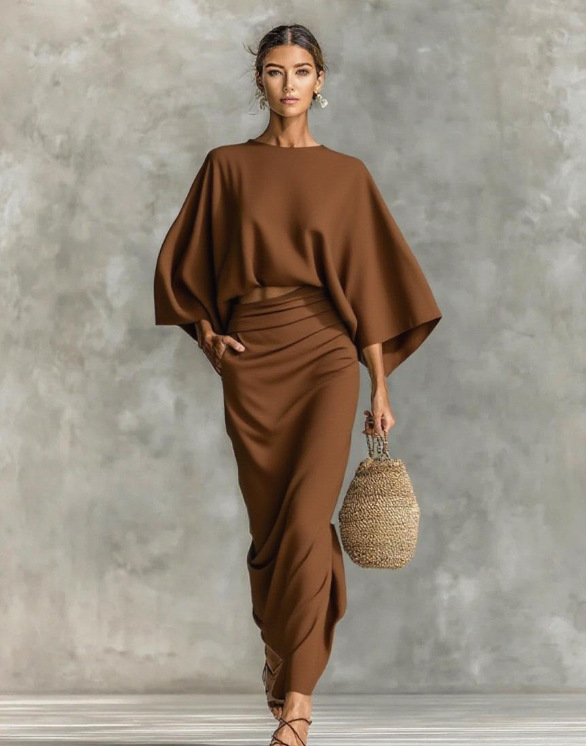 High-Waist Midi Skirt Set with Round-Neck Long-Sleeve Loose Top