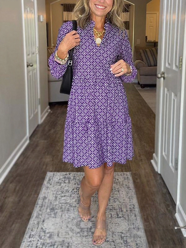 V-Neck Three-Quarter Sleeve Diamond Print A-Line Dress
