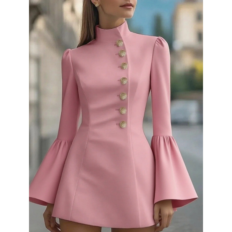 Women's Slim Fit Solid Color Stand Collar Bell Sleeve Blazer Dress
