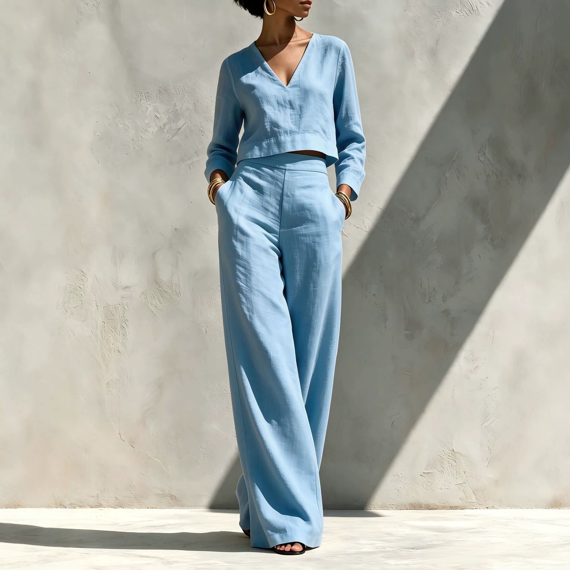 Women's Linen-Blend V-Neck Long-Sleeve Crop Top & High-Waist Wide-Leg Pants Set