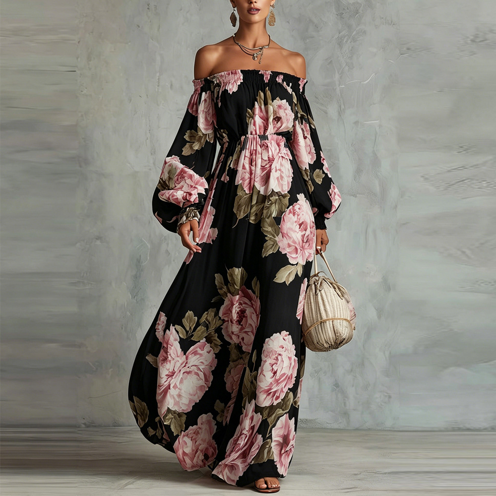 Floral Print Off-Shoulder Lantern Sleeve Midi Dress