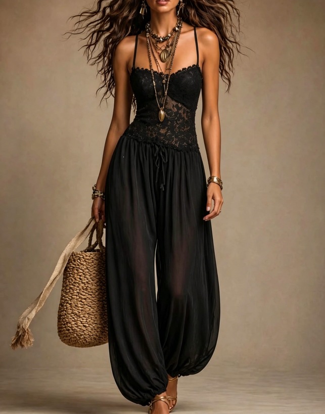 Bohemian Black Lace Chiffon Sleeveless Jumpsuit