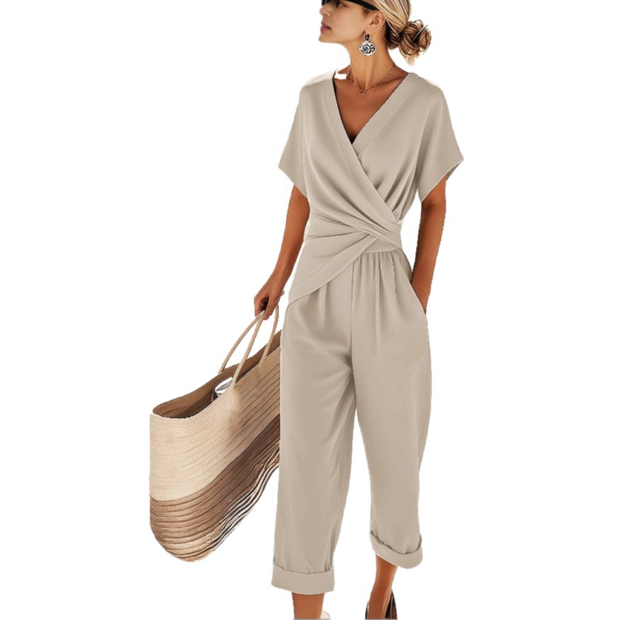 Women's Solid Color Asymmetric Short Sleeve Pant Set