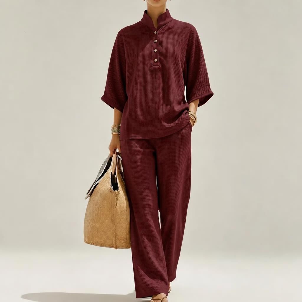 2026 New Casual Loose Stand Collar Set Breathable Waffle Wide-Leg Pants Two-Piece Set European American Best-Seller Women's Clothing