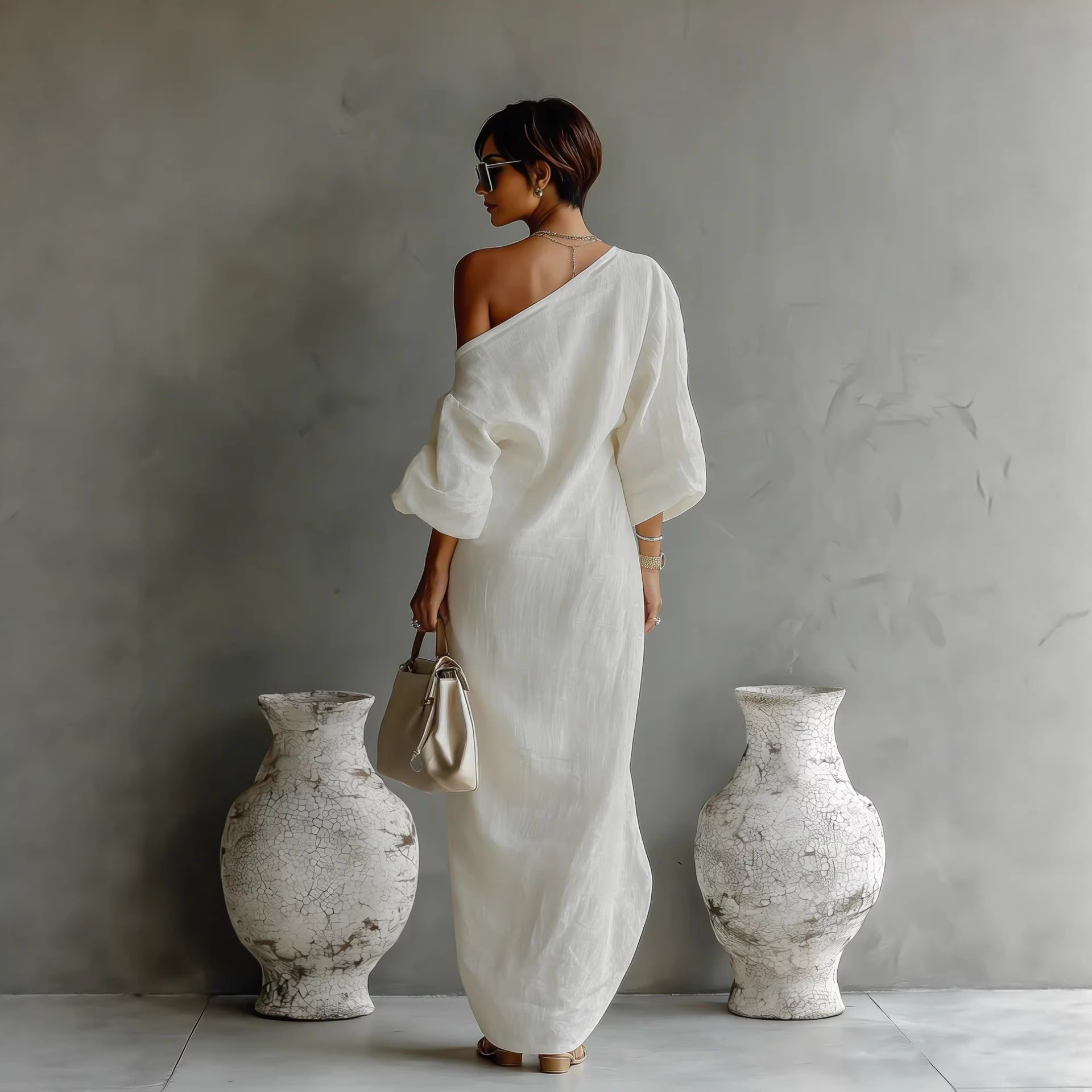 Elegant One-Shoulder Long Sleeve Maxi Dress with Asymmetrical Hem