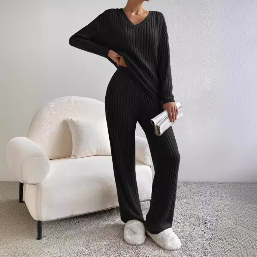Women's Two-Piece Ribbed Knit Set V-Neck Top & Straight-Leg Pants
