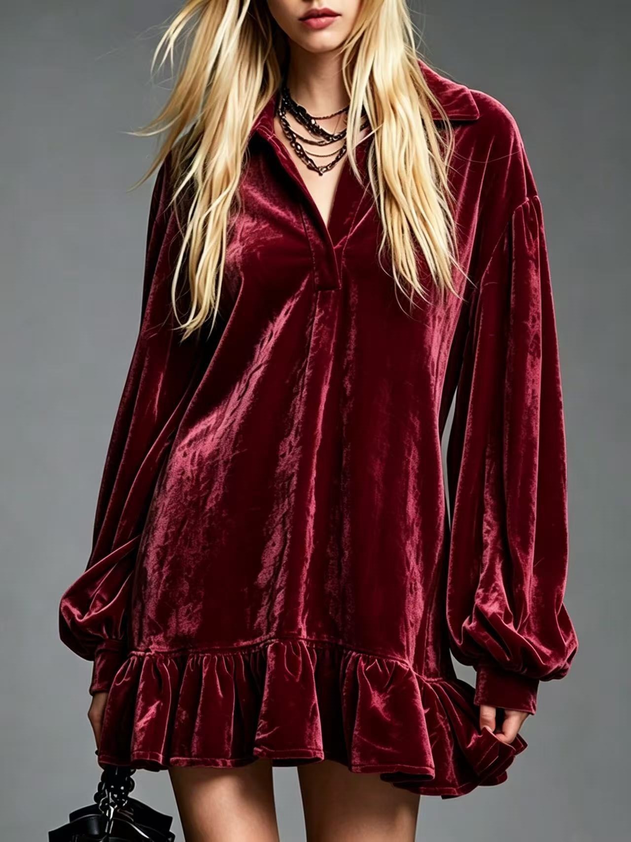 Solid Color French Style Lantern Sleeve Ruffle Collared Shirt Dress