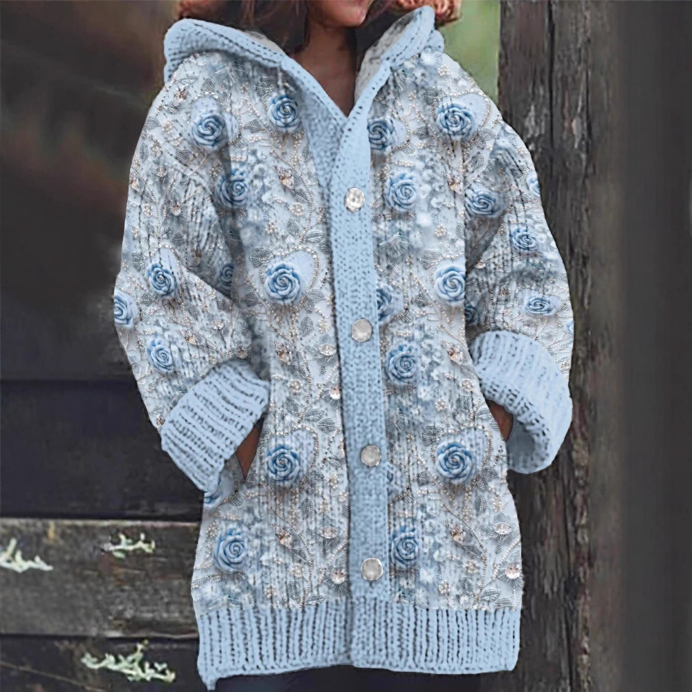 Women's Animal & Plant Print Hooded Button Cardigan