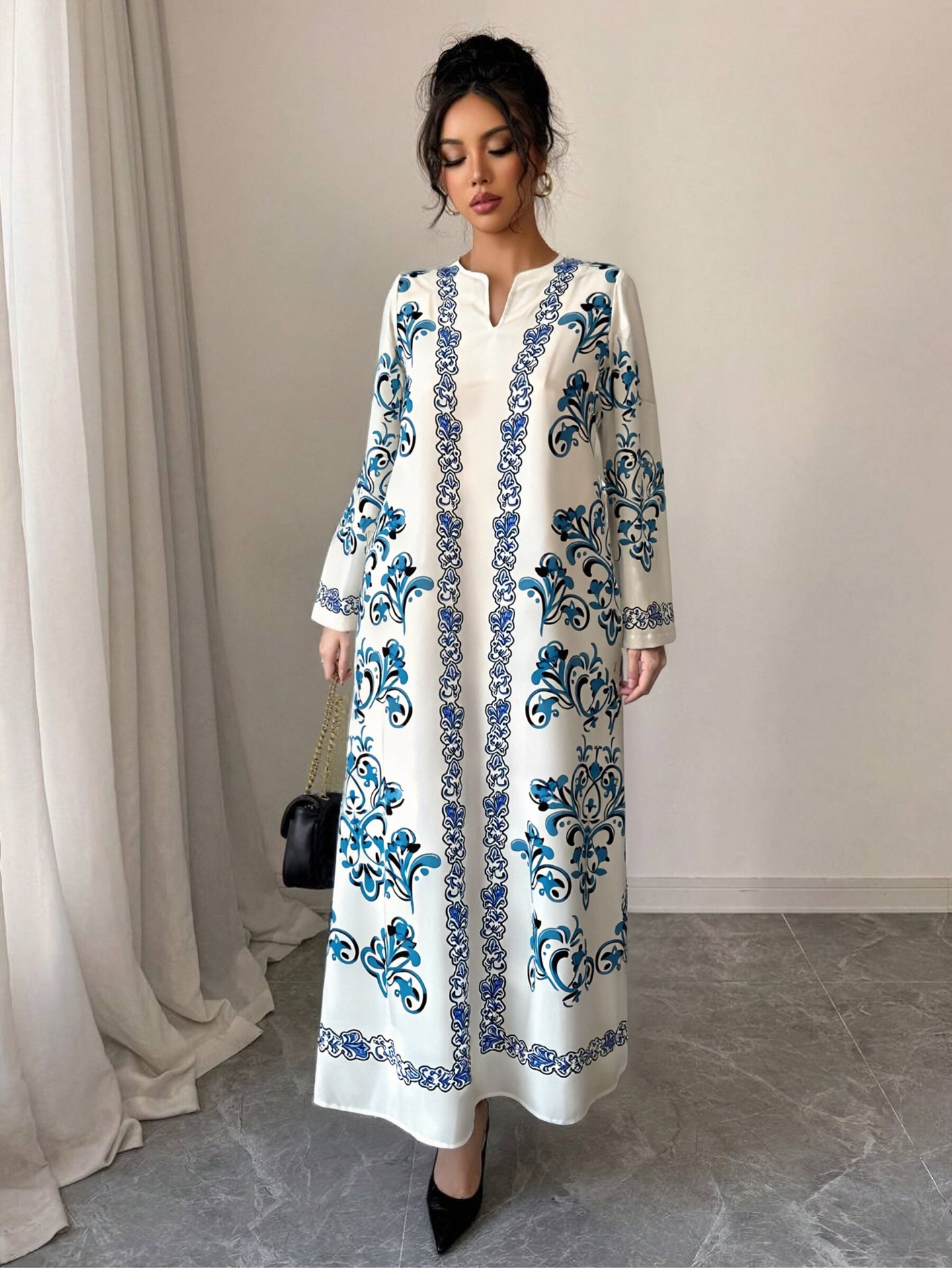 High-Saturation Colorblock Print Long Dress Loose Flattering A-Line V-Neck