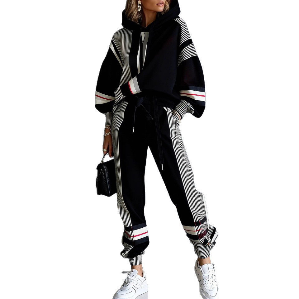 Women's Printed Hooded Long Sleeve Long Pants Casual Set