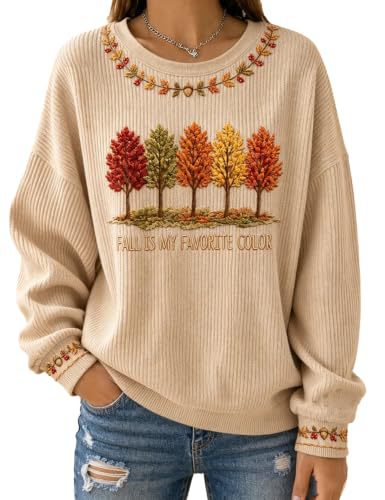 Women's Tree & Maple Leaf Print Crewneck Sweatshirt Casual Pullover
