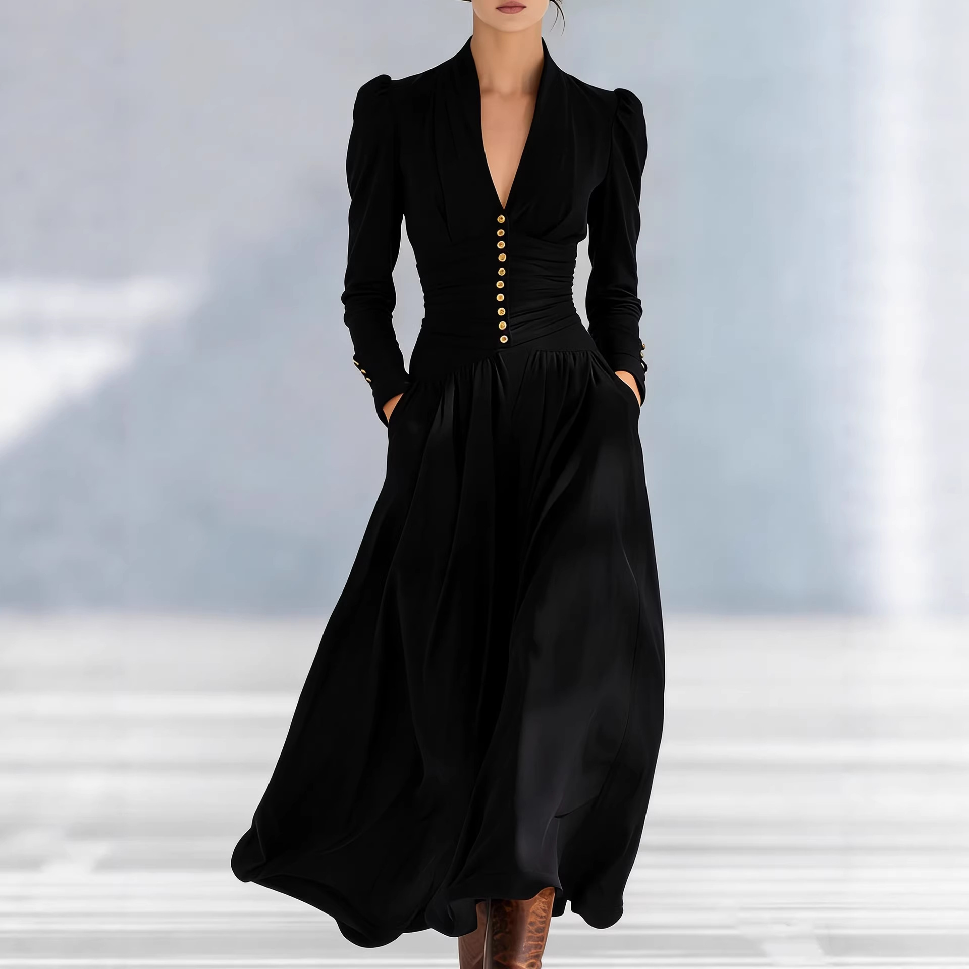 Elegant V-Neck Puff Sleeve Long Sleeve Maxi Dress with Cinched Waist