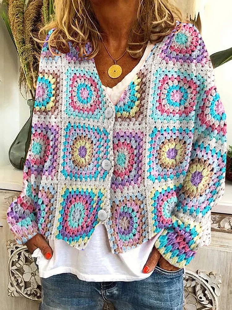 Abstract Print Open-Front Cardigan Sweater