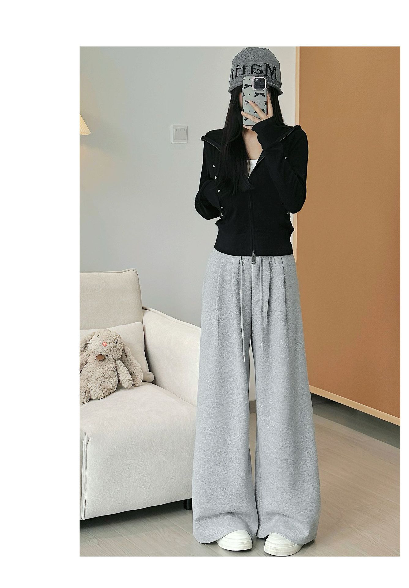 Women's American Retro Wide-Leg Sweatpants Loose Straight Navy