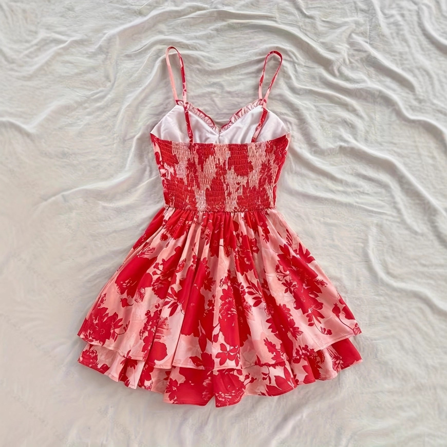 Women's Red Floral Print Spaghetti Strap Ruffle Neck Ruched Bodice Fit and Flare A-Line Dress