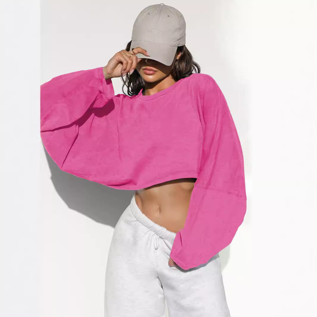 Women's Cropped Crewneck Sweatshirt Knit Long Sleeve Top