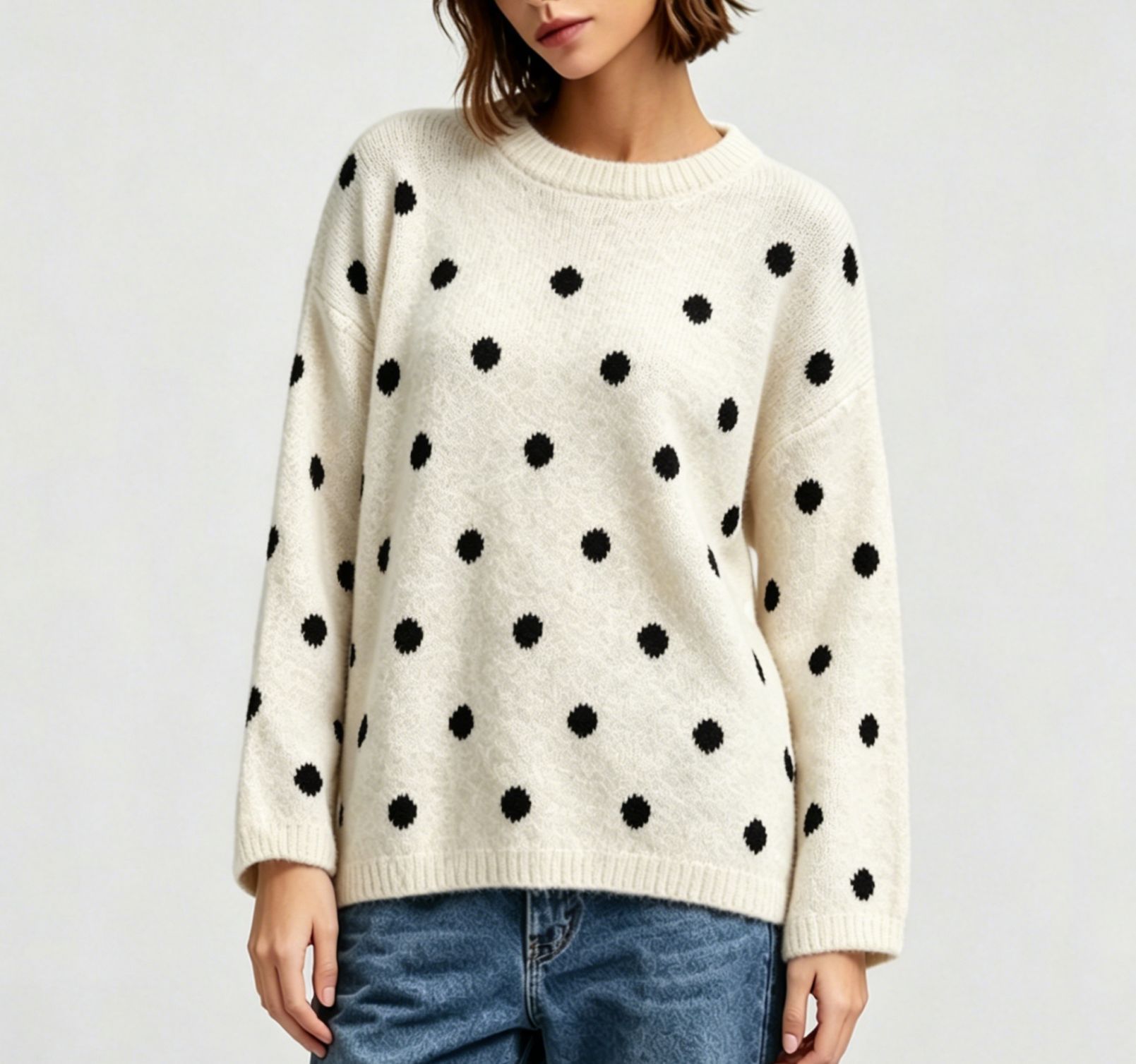 Polka Dot Crewneck Pullover Sweater for Women Soft Knit Top