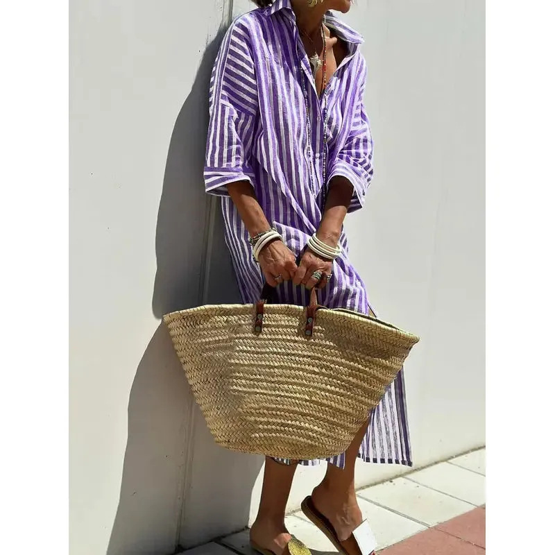 Striped Button-Front Midi Shirt Dress with Collar and Five-Quarter Sleeves