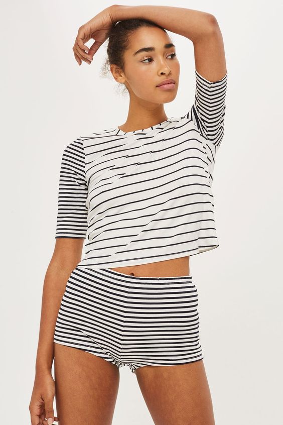 Striped Short Sleeve T-Shirt and High Waist Shorts Casual Set